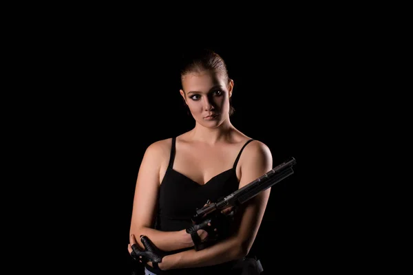 Militar Sexy Mujer Con Arma Deporte Sobre Fondo Negro — Foto de Stock