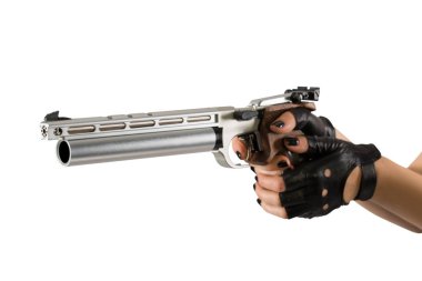 Spor lazer tabanca, pentatlon silah. kadın eldivenli ellerinde silah