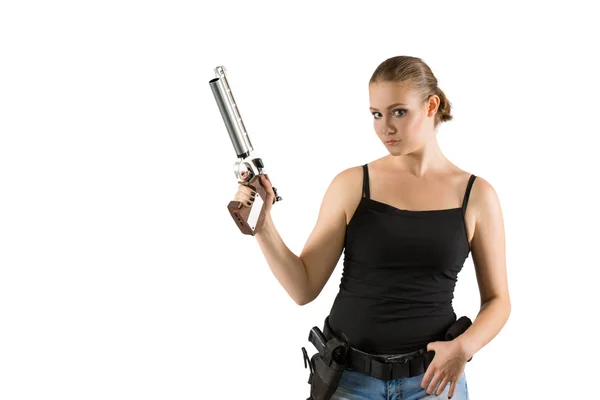 Jovem Bela Mulher Segurando Uma Arma Esportiva Isolada Fundo Branco — Fotografia de Stock