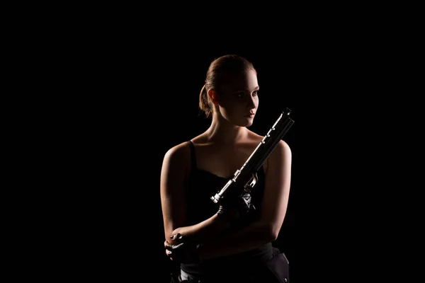 Mujer Militar Con Una Pistola Deportiva Sobre Fondo Negro Sombra — Foto de Stock