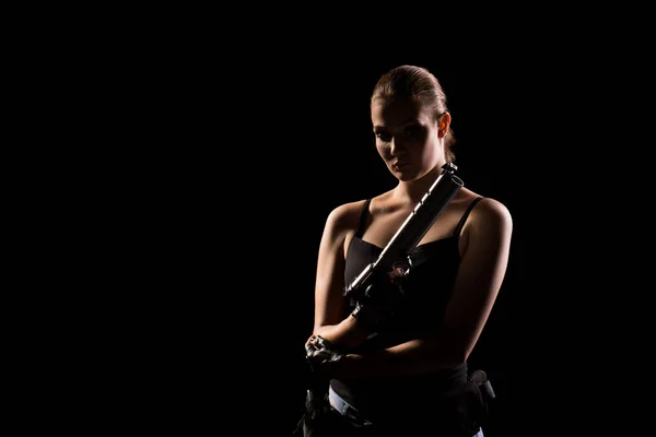 Mujer Militar Con Una Pistola Deportiva Sobre Fondo Negro — Foto de Stock