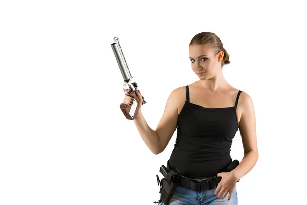흰색 배경에 총을 들고 젊은 아름 다운 여자 — 스톡 사진