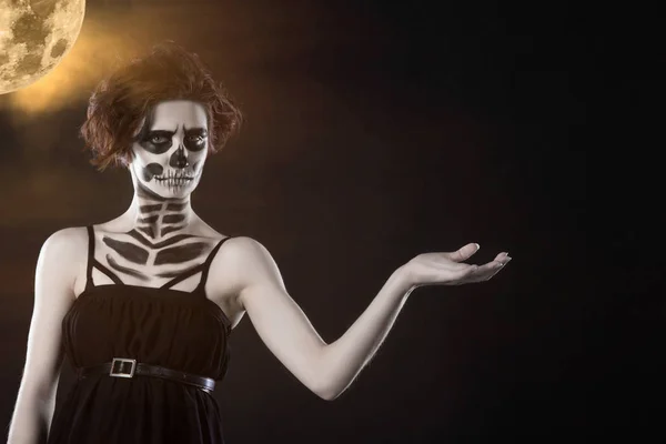 Halloween Portrait Young Beautiful Girl Make Skeleton Her Face Black — Stock Photo, Image