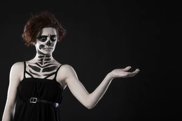 Young Woman Day Dead Mask Skull Face Art Halloween Face — Stock Photo, Image