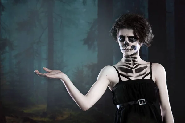 Halloween Portrait Young Beautiful Girl Make Skeleton Her Face Skeleton — Stock Photo, Image