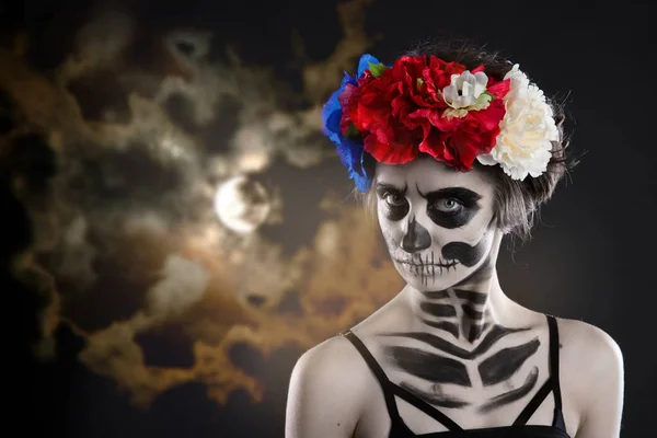 Woman Art Make Scary Skull Make Halloween Face Art Body — Stock Photo, Image