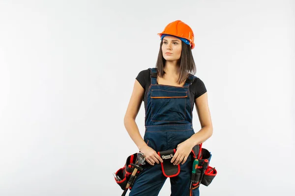 Pretty Builder Girl Helmet Belt Tools White Background — Stock Photo, Image