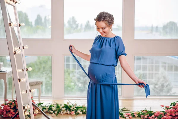 Young Pregnant Woman Staying Window Blue Dress Anticipation Child Many — Stock Photo, Image