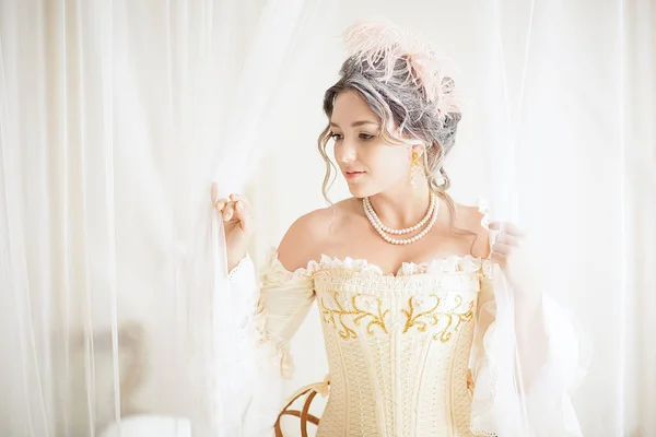 Uma Mulher Grisalha Com Belo Estilo Cabelo Rococó Luxuoso Vestido — Fotografia de Stock