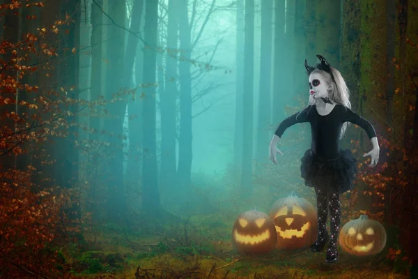 Little Girl Costume Witch Horns Posing Pumpkins Fairy Background Halloween — Stock Photo, Image