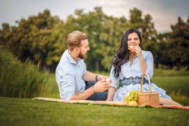 Mutlu neşeli genç aile karı ve onun hamile eşi eğleniyor birlikte açık havada, piknik yaz Park, kırsal. bir çocuk bekliyor