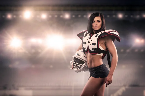 Athletic Female Dressed American Football Player Stadium Real Uniform Helmet — Stock Photo, Image