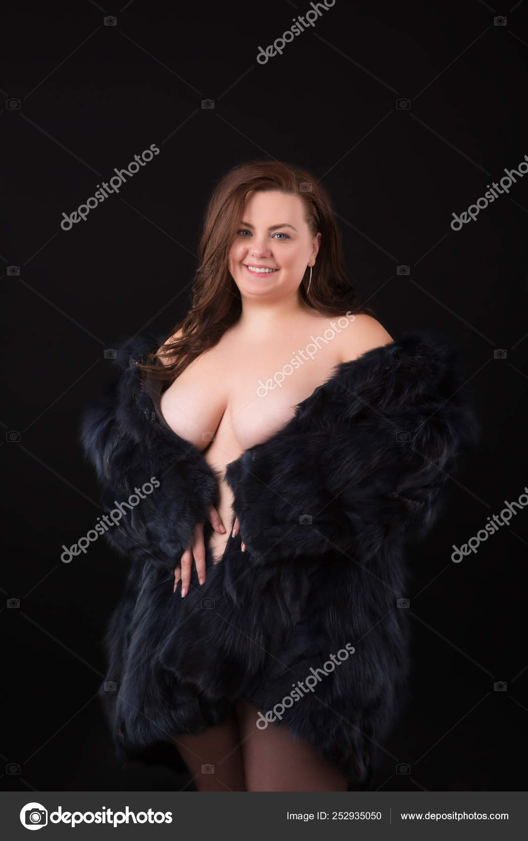 Young Beautiful Busty Curvy Plus Size Model With Big Breast In Black Artificial Fur Coat Xxl Woman On Black Background Stock Photo Image By C Sherbak Volodymir Gmail Com 252935050