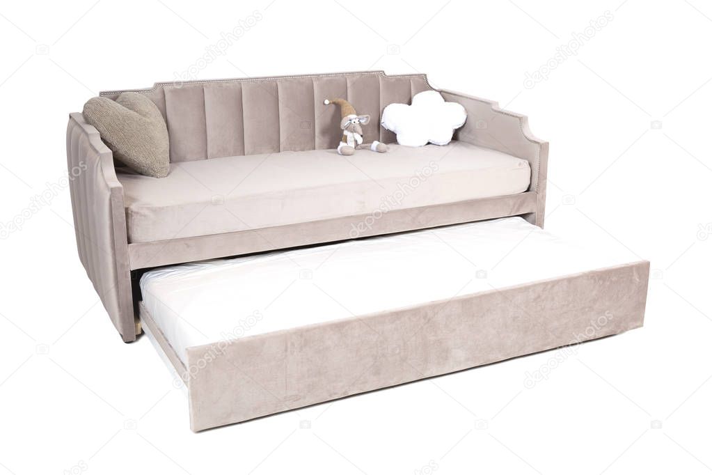 Full-size folding sofa-bed light brown fabric with storage space, isolated on white background