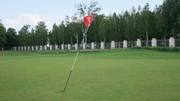 赤旗と青空 背景に業界と緑のゴルフホール番号7 風の中で進化する旗 — ストック動画