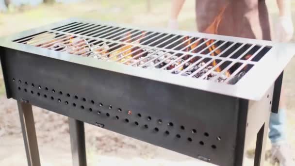 Prachtig Rood Vuur Van Slice Hout Donkergrijze Zwarte Kolen Metaal — Stockvideo