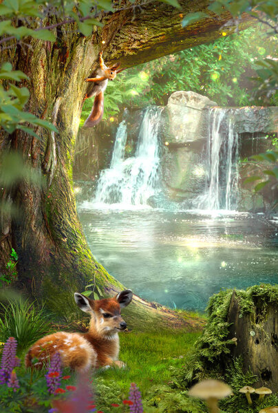 The Fairy forest with a waterfall. Deer lying on the grass. squirrel sitting on a tree