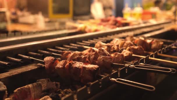 Appetizing Delicious Fried Pieces Meat Skewers Roasted Large Grill Open — Stock Video