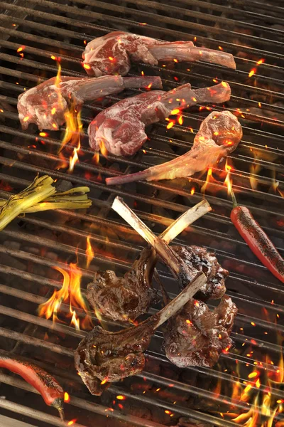 肉と野菜は炎の上で焼き上げました。B-B-Q — ストック写真