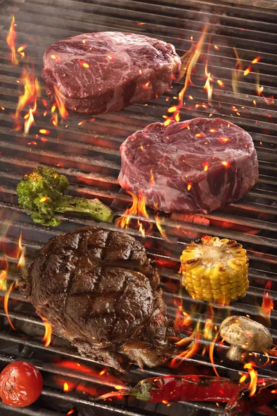 Kött och grönsaker röding-grillad över lågan. B-B-Q — Stockfoto