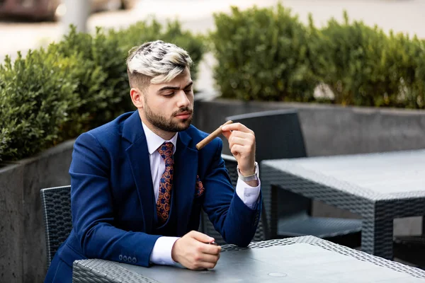 Stylish Handsome Man Smoking Cigar Drinking Whiskey Cafe Man Dressed — Stock Photo, Image