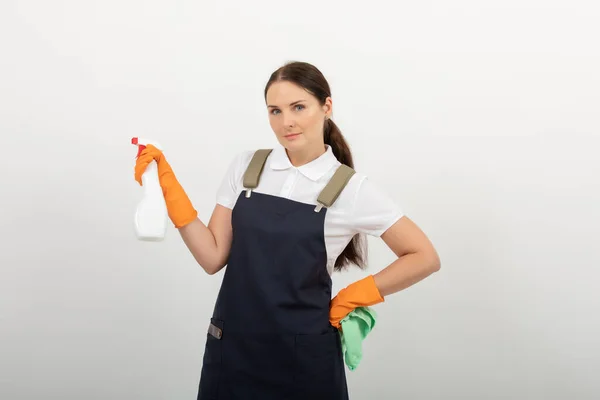 Cleaning Lady Houswife Rag Her Hand Holds Air Freshener Spray — Stock Photo, Image