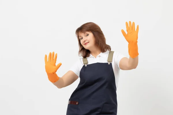 Portret Van Schoonmaakster Huisvrouw Met Beschermende Handschoenen Klaar Schoon Maken — Stockfoto