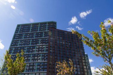 Güneşli bir bahar gününde, önünde çiçek açan ağaçlar olan iki modern gökdelenli bina.