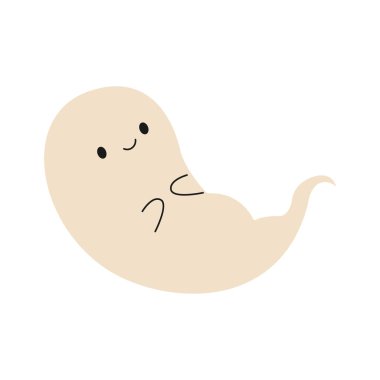 El çizimi ürkütücü ve sevimli bir hayalet. Cadılar Bayramı tasarımı. İzole edilmiş beyaz arka plan. Düz biçimli vektör illüstrasyonu.