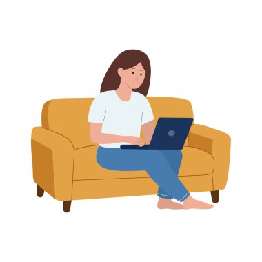 Bir kız elinde dizüstü bilgisayarla kanepede oturuyor. Evden çalışıyorum. İzole edilmiş beyaz arka plan. Düz biçim vektör illüstrasyonu