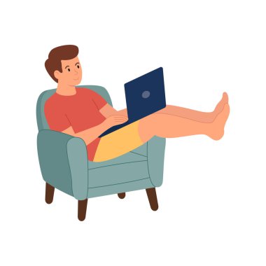 Bir adam dizüstü bilgisayarla rahat bir sandalyede oturuyor. Evden çalışıyorum. İzole edilmiş beyaz arka plan. Düz biçim vektör illüstrasyonu