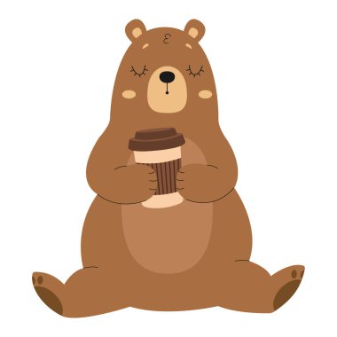 Kahve içen sevimli çizgi film ayısı. İzole edilmiş arka plan. Vektör düz resimleme.