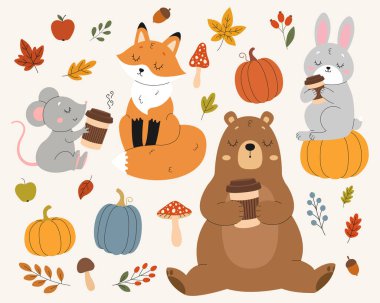 Şirin hayvanlar, bir tilki, bir ayı, bir tavşan ve bir fare, sonbahar yaprakları, balkabakları ve mantarlarla çevrili sıcak kahvenin tadını çıkarırlar. İzole edilmiş arka plan. Vektör illüstrasyonu.