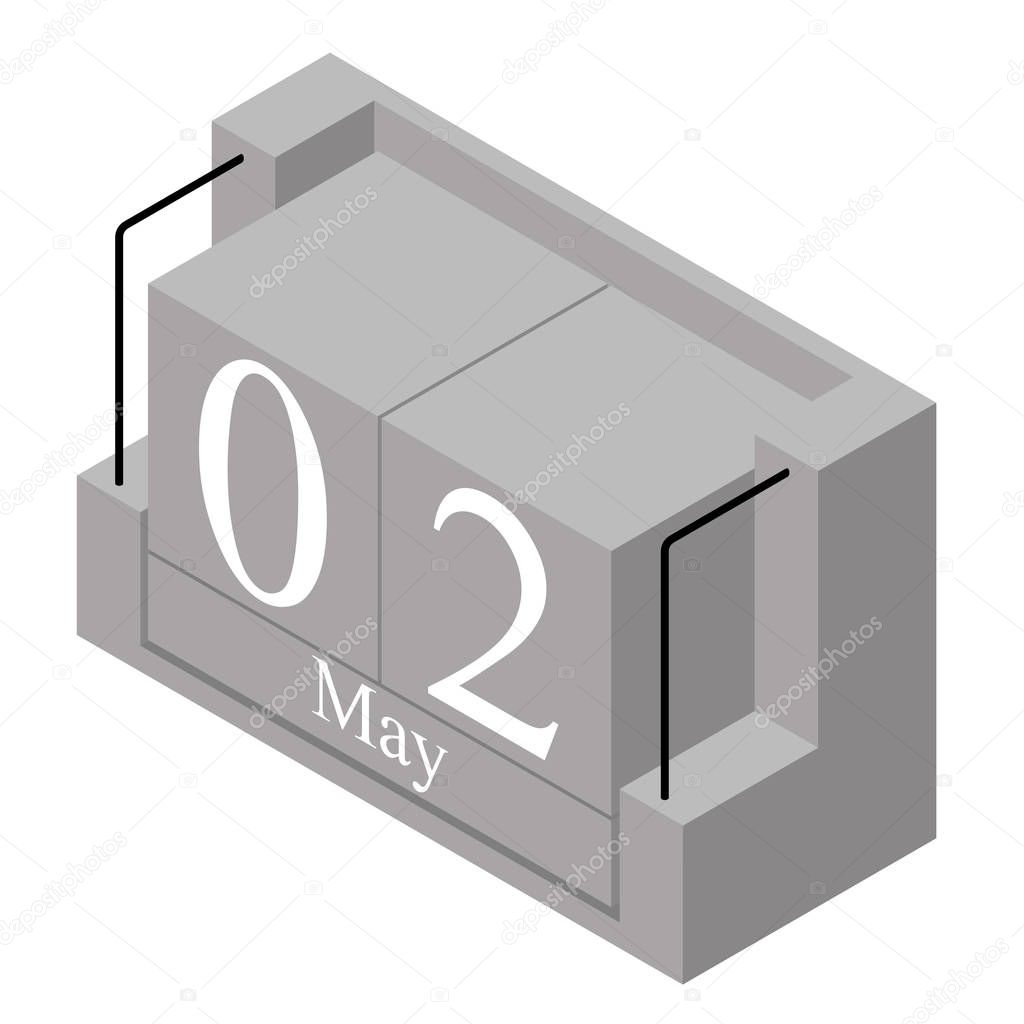 May 2nd date on a single day calendar. Gray wood block calendar present date 2 and month May isolated on white background. Holiday. Season. Vector isometric illustration