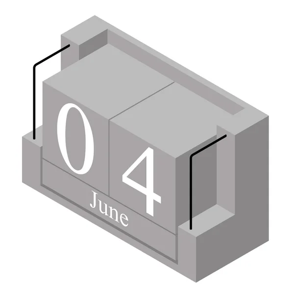 4e juni datum op een kalender met één dag. Grijs hout blok kalender huidige datum 4 en maand kunnen worden geïsoleerd op witte achtergrond. Vakantie. Seizoen. Vector isometrische illustratie — Stockvector