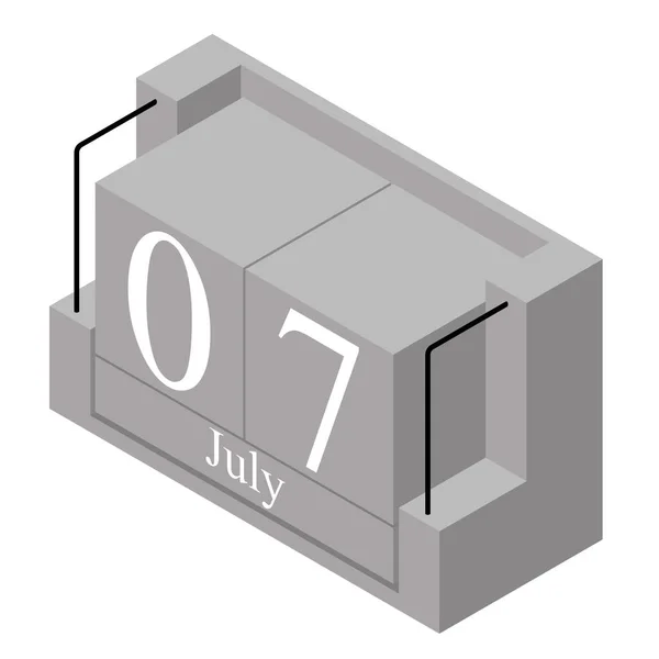 July 7th date on a single day calendar. Gray wood block calendar present date 7 and month July isolated on white background. Holiday. Season. Vector isometric illustration — Stock Vector