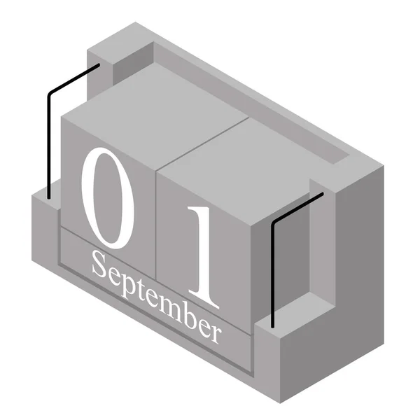 1 września Data w kalendarzu jednego dnia. Szare drewno blok kalendarz obecna Data 1 i miesiąc wrzesień izolowane na białym tle. Holiday. Sezon. Wektorowa ilustracja izometryczna — Wektor stockowy