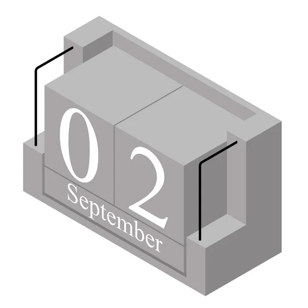2 września Data w kalendarzu jednego dnia. Szare drewno blok kalendarz obecna Data 2 i miesiąc wrzesień izolowane na białym tle. Holiday. Sezon. Wektorowa ilustracja izometryczna — Wektor stockowy