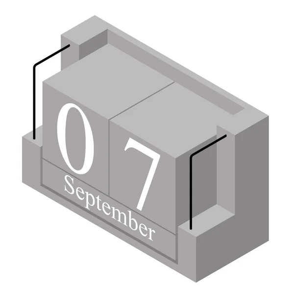 7. September Datum auf einem einzigen Tag Kalender. graue Holzblock-Kalender präsentieren Datum 7 und Monat September isoliert auf weißem Hintergrund. Urlaub. Saison. Vektorisometrische Abbildung — Stockvektor