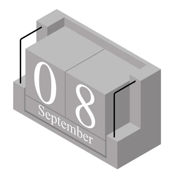 8. September Datum an einem einzigen Tag Kalender. graue Holzblock-Kalender präsentieren Datum 8 und Monat September isoliert auf weißem Hintergrund. Urlaub. Saison. Vektorisometrische Abbildung — Stockvektor