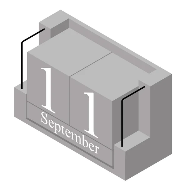 Datum 11. září v jednom denním kalendáři. Šedý dřevěný blok kalendář datum 11 a měsíc září izolovaný na bílém pozadí. Dovolená. Sezóna. Vektorová izometrická ilustrace — Stockový vektor