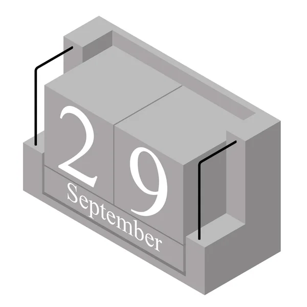 29. září dne v jednom denním kalendáři. Šedý dřevěný blok kalendář datum 29 a měsíc září izolovaný na bílém pozadí. Dovolená. Sezóna. Vektorová izometrická ilustrace — Stockový vektor