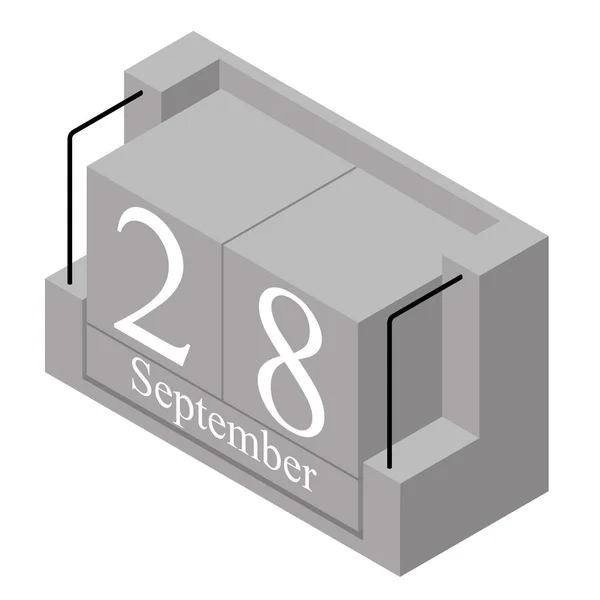 28 de septiembre fecha en un solo día calendario. Calendario de bloques de madera gris fecha actual 28 y mes de septiembre aislado sobre fondo blanco. Vacaciones. Temporada. Ilustración isométrica vectorial — Archivo Imágenes Vectoriales