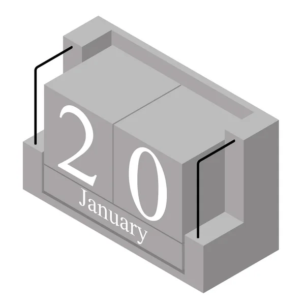 20. januar på en enkelt dags kalender. Grå træ blok kalender nuværende dato 20 og måned januar isoleret på hvid baggrund. Ferie. Sæson. Vektorisometrisk illustration – Stock-vektor