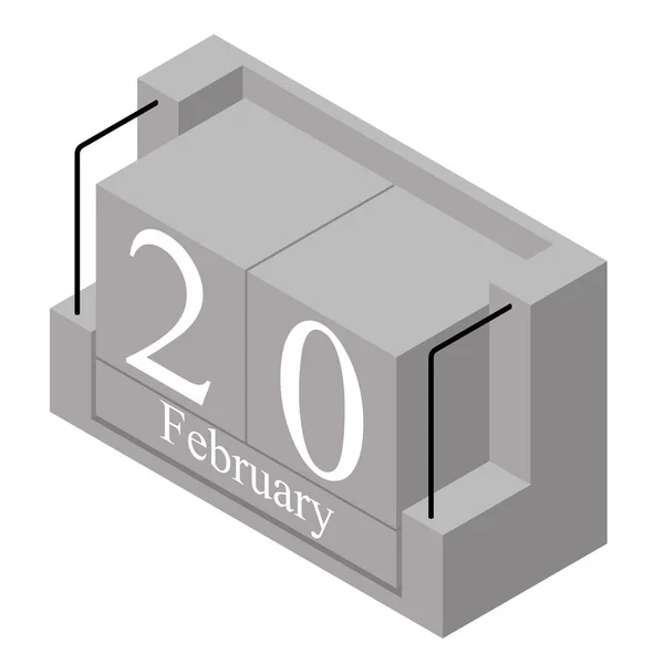 20 de febrero fecha en un solo día calendario. Calendario de bloques de madera gris fecha actual 20 y mes de febrero aislado sobre fondo blanco. Vacaciones. Temporada. Ilustración isométrica vectorial — Vector de stock