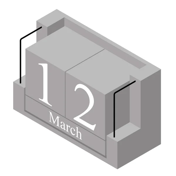 Március 12-én dátumot egy nap naptár. Szürke fa blokk Naptár jelenlegi időpont 12 és hónap március elszigetelt fehér alapon. Holiday. Szezon. Vektor izometrikus illusztráció — Stock Vector