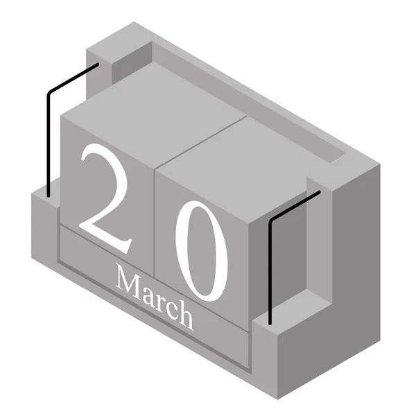 20 марта в календаре на один день. Календарь серого дерева представляет дату 20 и месяц Март изолирован на белом фоне. Праздник. Сезон. Векторная изометрическая иллюстрация — стоковый вектор