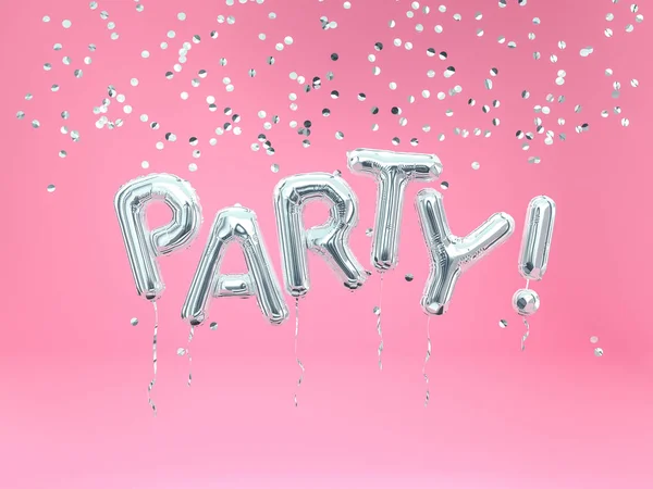 Silver foil balloon Party letters, flying word party and falling confetti