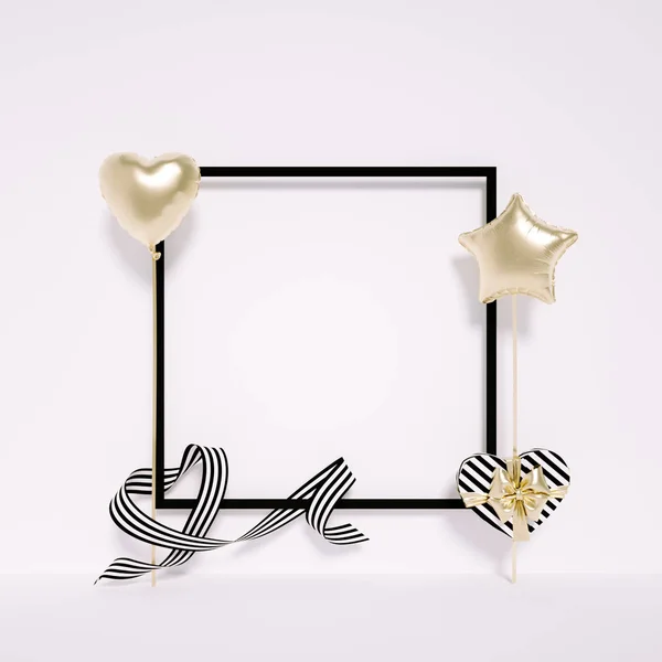 Greeting banner, heart and star balloon, gift box, heart shaped ribbon and black frame isolated on white background. 3d rendering.