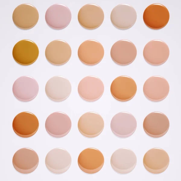 Makeup foundation different shades round swatches, cosmetic banner, 3d rendering,